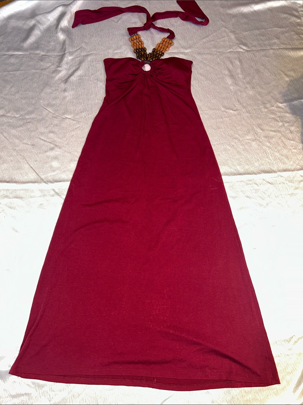 Halter Maxi Dress with Beaded Neckline - Burgundy